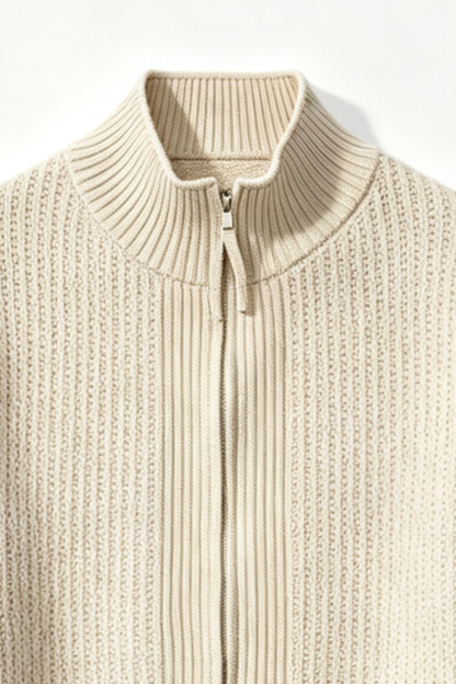 Men's Fall Winter Ribbed Mock-Neck Zip-Up Knit Cardigan