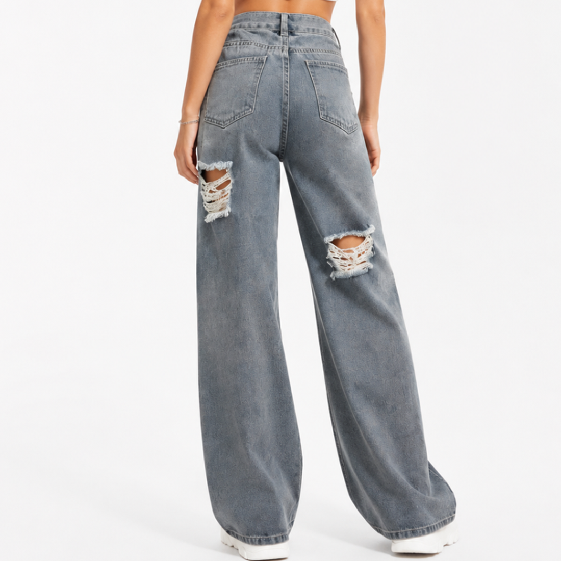 Women's High Waist Distressed Ripped Wide Leg Jeans