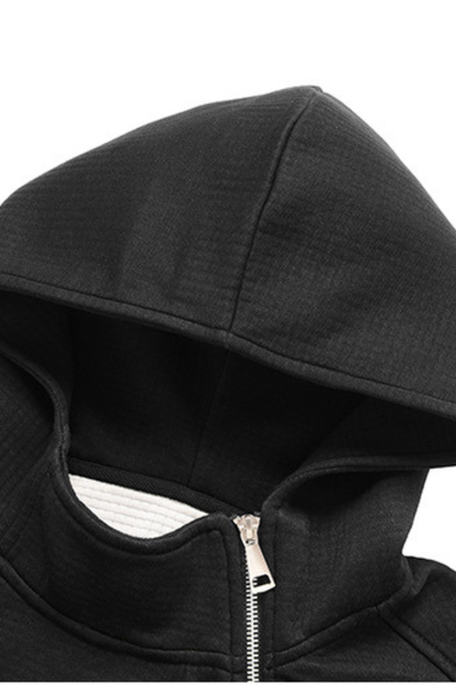 Men's Fall Winter Waffle-Knit Diagonal-Zip Loose Hoodie