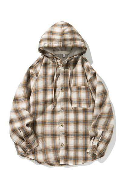 Unisex Spring Vintage Hooded Plaid Button-Down Overshirt