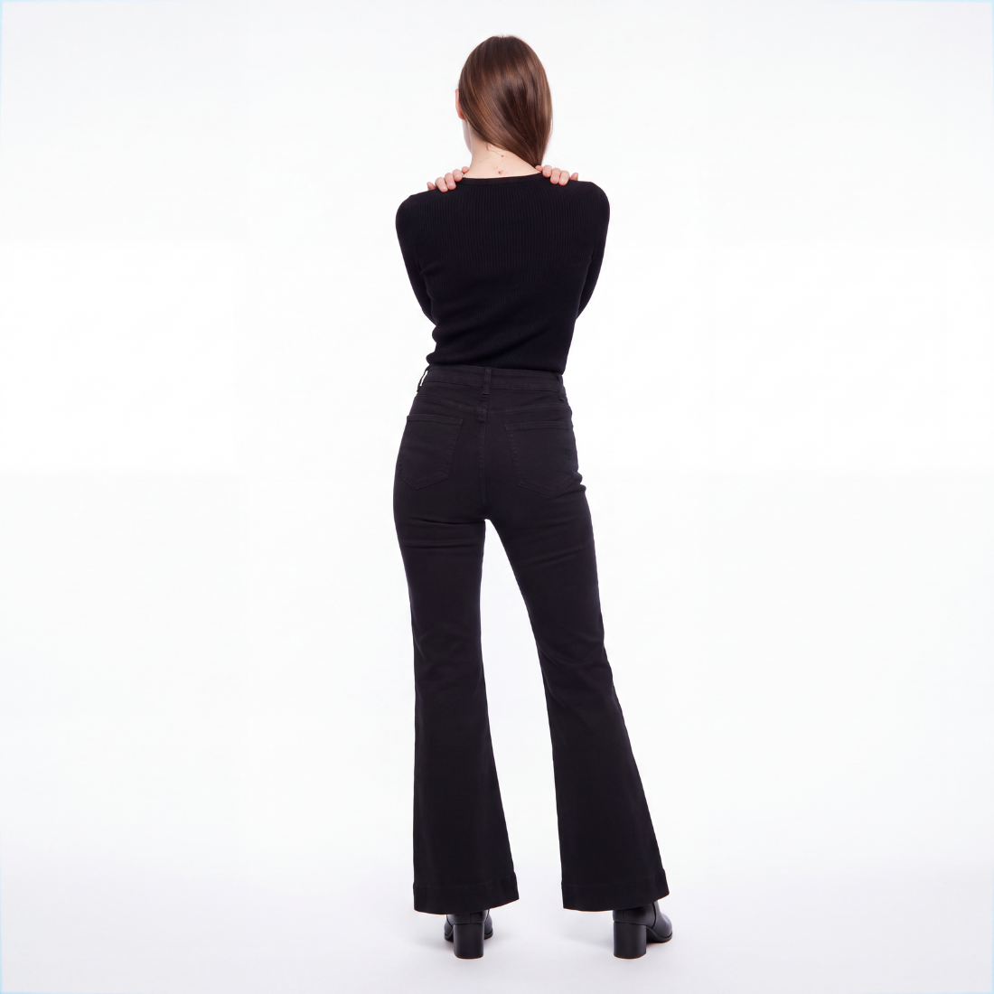 Women's Black High Waist Button Fly Stretch Flare Jeans