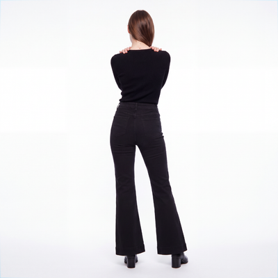 Women's Black High Waist Button Fly Stretch Flare Jeans