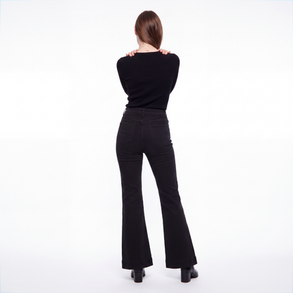 Women's Black High Waist Button Fly Stretch Flare Jeans