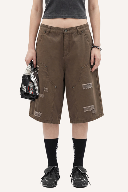 Men's Summer Retro Cargo Ripped Loose 7/8 Washed Shorts