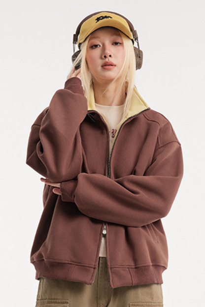 Unisex American Retro Stand Collar Zip Loose Hoodie Cleanfit