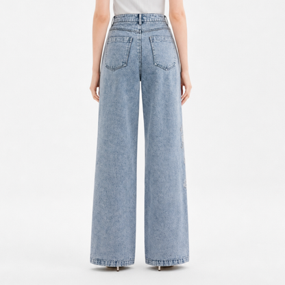 Women's High Waist Floral Embroidered Wide Leg Jeans