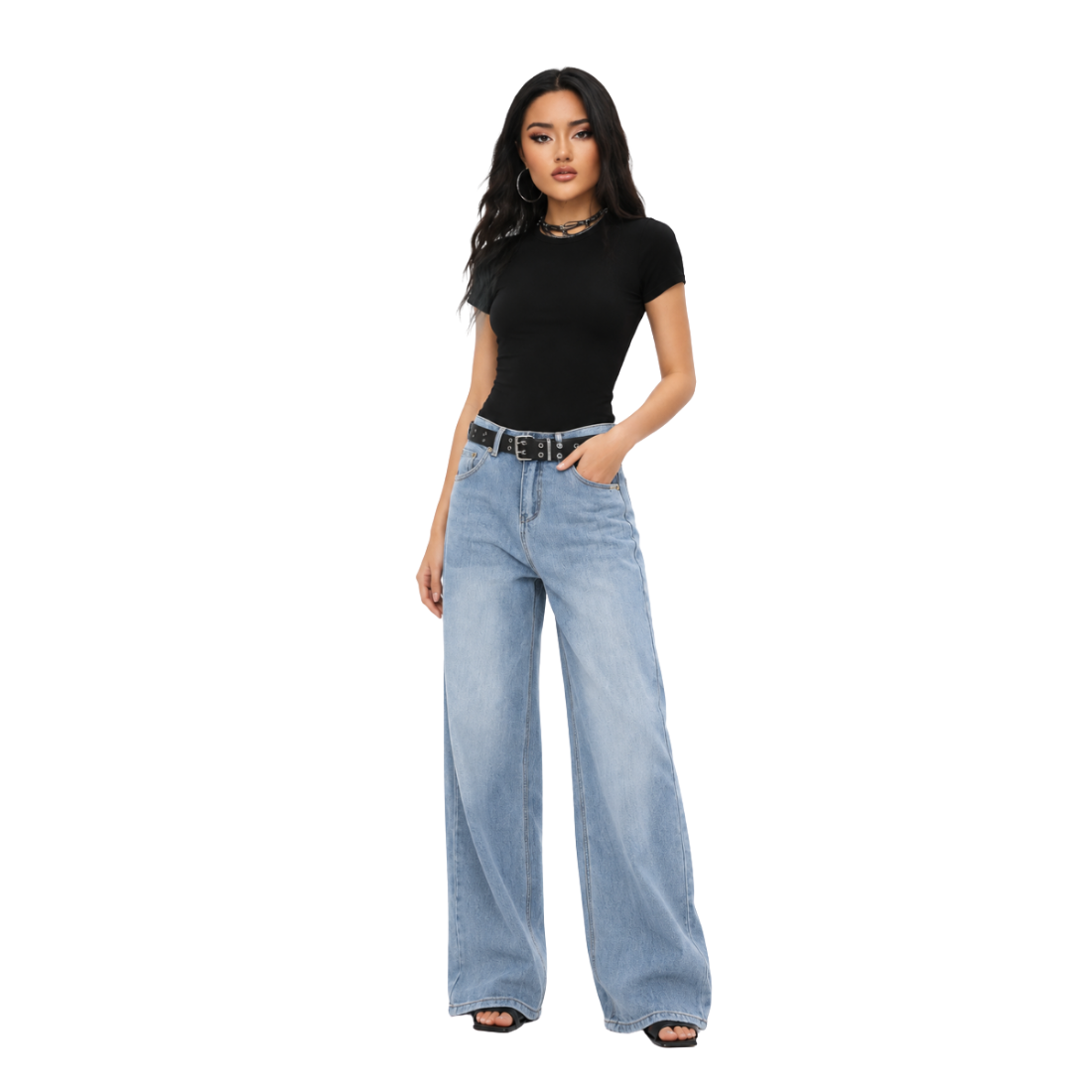Women's high-waisted loose wide-leg jeans