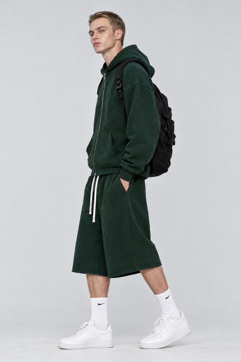 Men Fall Clothing Zip Hoodie Mid Shorts Streetwear Set