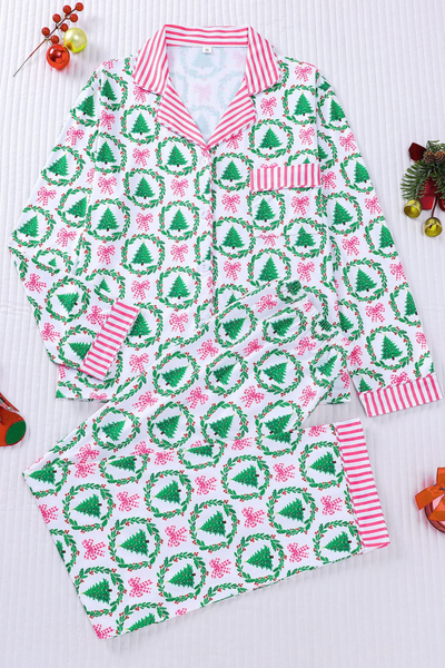 Women's Christmas Pink Striped Open Collar Pajama Set