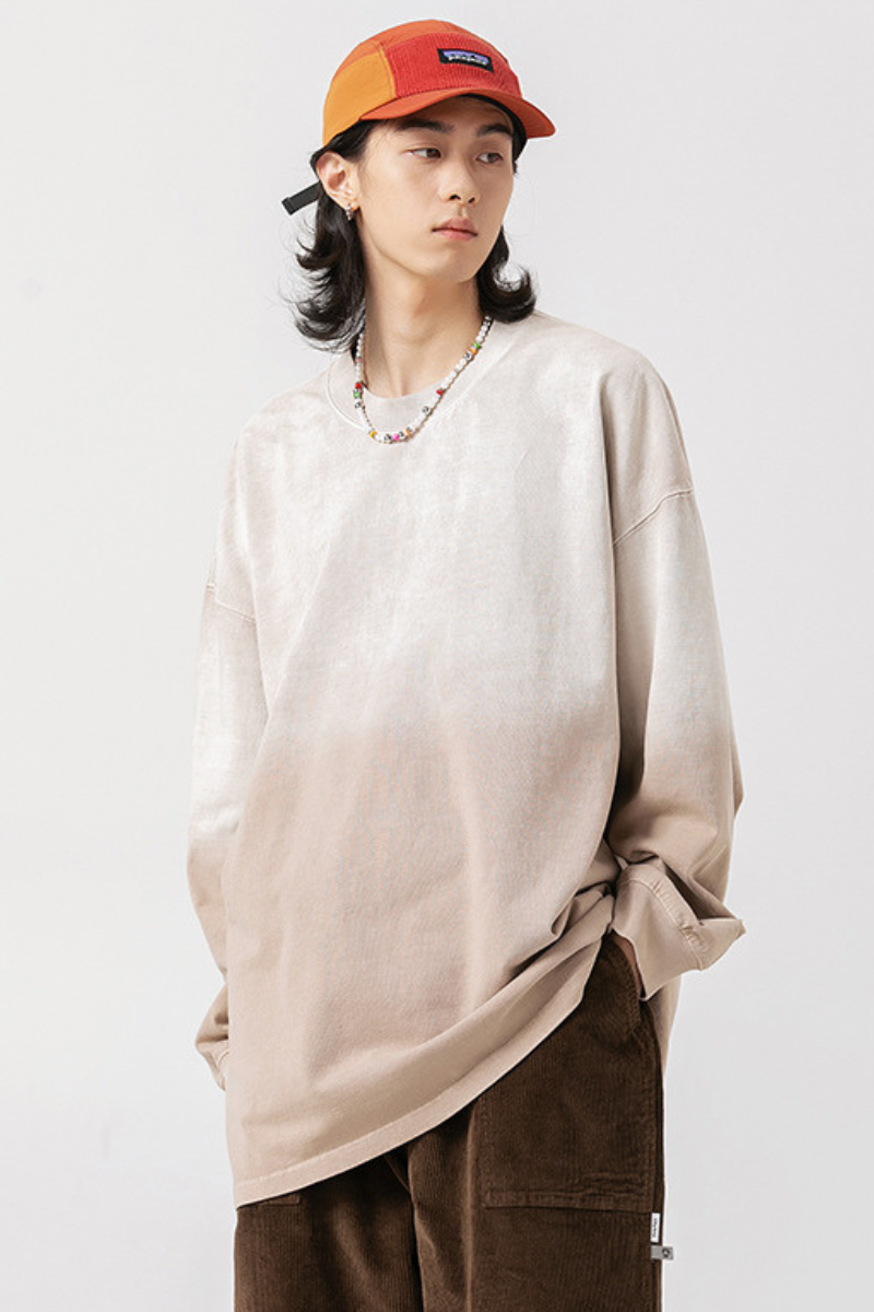 Unisex Heavy Washed American Gradient Loose Long Sleeve Tee