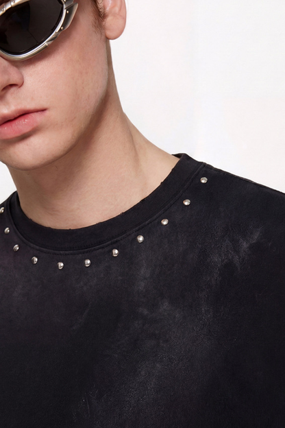 Men's Summer 260g Retro Washed Rivet Distressed Fade Tee