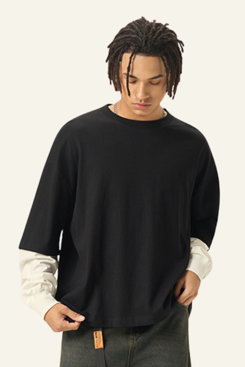 Men's  Cotton  Faux-Two-Piece Long Sleeve T-shirt