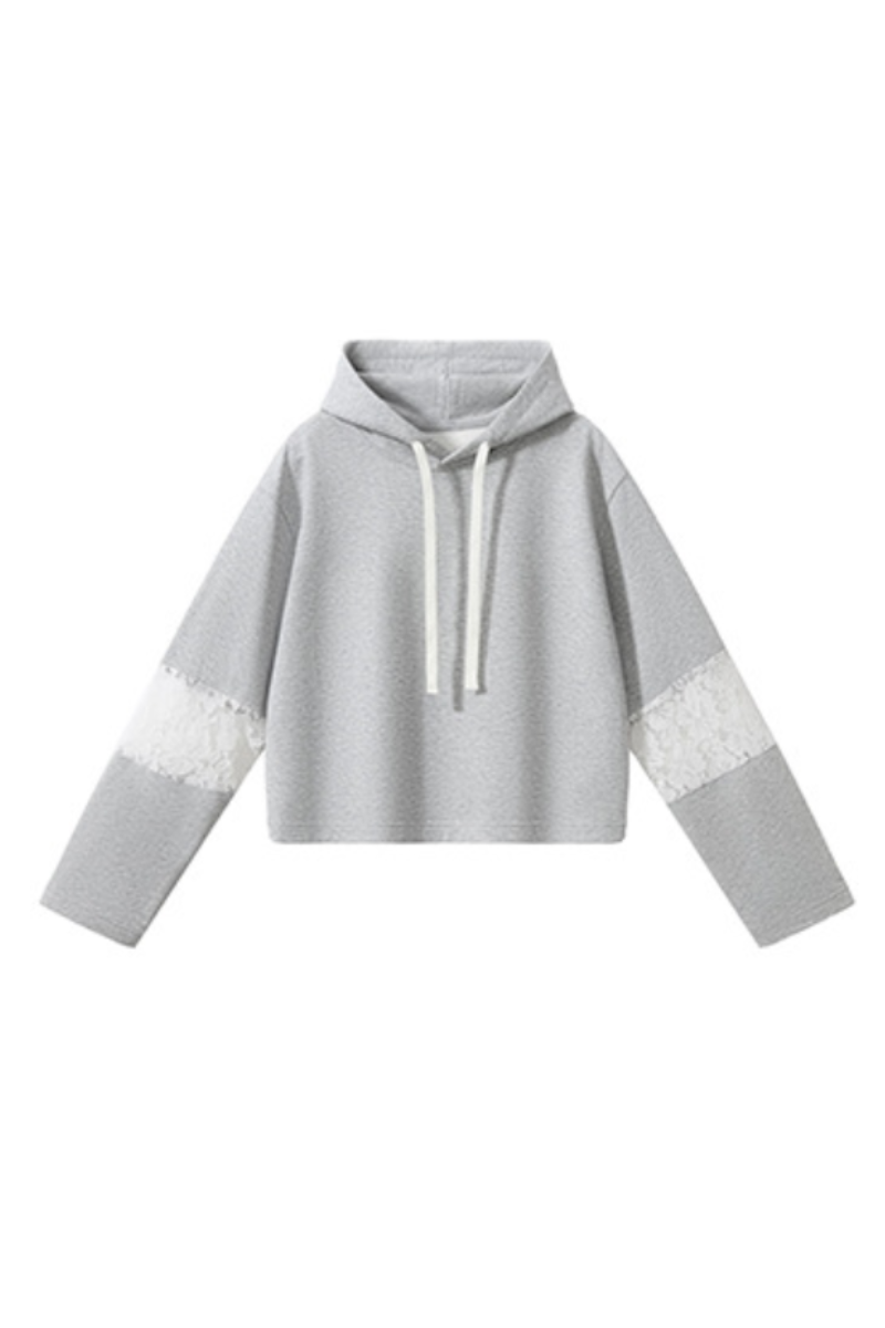 Women Fall Lace Sleeve Cropped Drawstring Pullover Hoodie