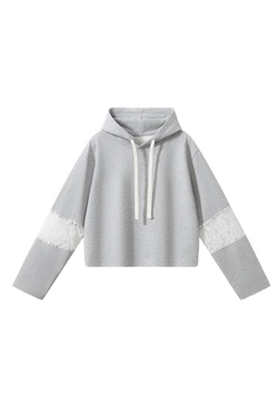 Women Fall Lace Sleeve Cropped Drawstring Pullover Hoodie
