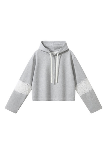 Women Fall Lace Sleeve Cropped Drawstring Pullover Hoodie