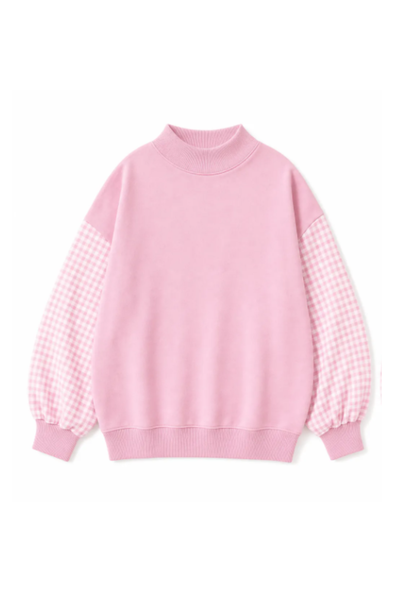 Women Fall Gingham Sleeve Mock Neck Oversized Sweatshirt