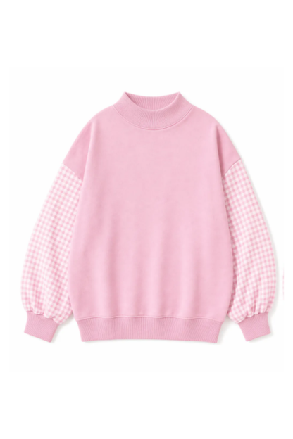 Women Fall Gingham Sleeve Mock Neck Oversized Sweatshirt