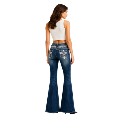 Women's High Waist Flare Jeans with Retro Embroidery