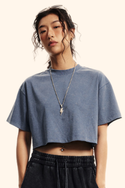 Women's Summer 230g Raw Edge Washed Crewneck Cropped Tee