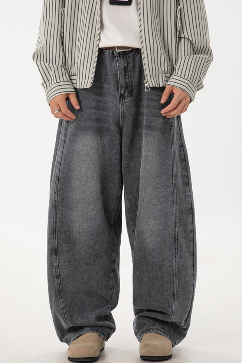 Men's Spring  Vintage Washed Panel Curved Loose Jeans