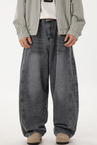Men's Spring  Vintage Washed Panel Curved Loose Jeans