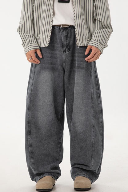 Men's Spring  Vintage Washed Panel Curved Loose Jeans