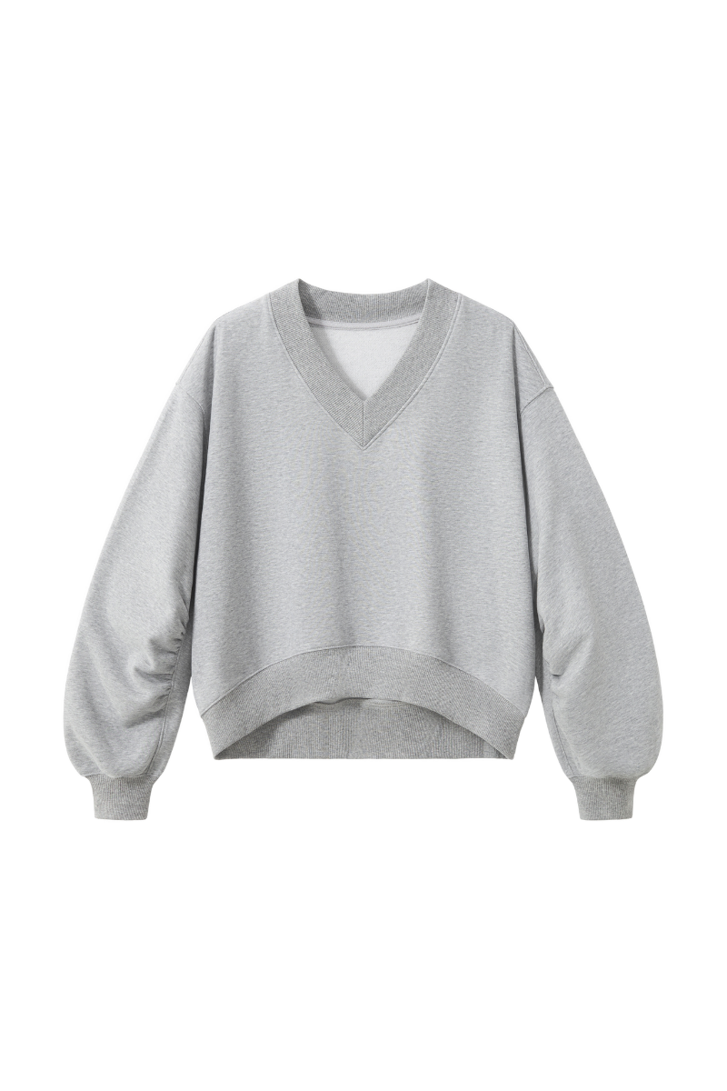 Women Fall V Neck Boxy Cropped Lantern Sleeve Sweatshirt