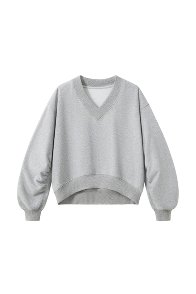 Women Fall Clothing V Neck Boxy Cropped Lantern Sweatshirt
