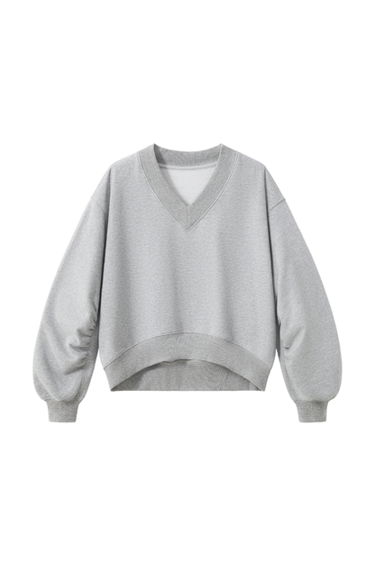 Women Fall V Neck Boxy Cropped Lantern Sleeve Sweatshirt