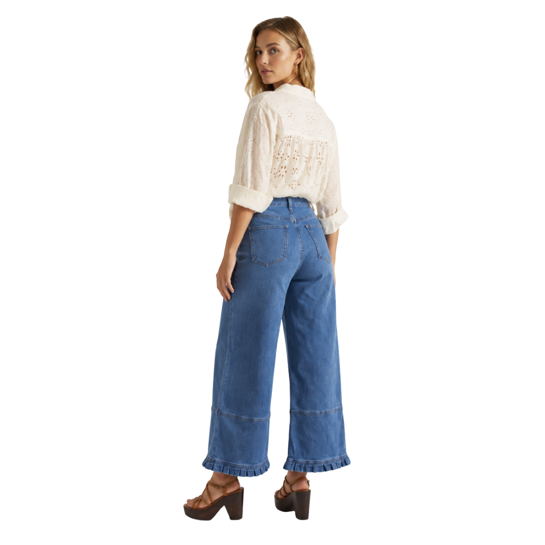 Women's High Waist Wide Leg Jeans with Ruffle Hem