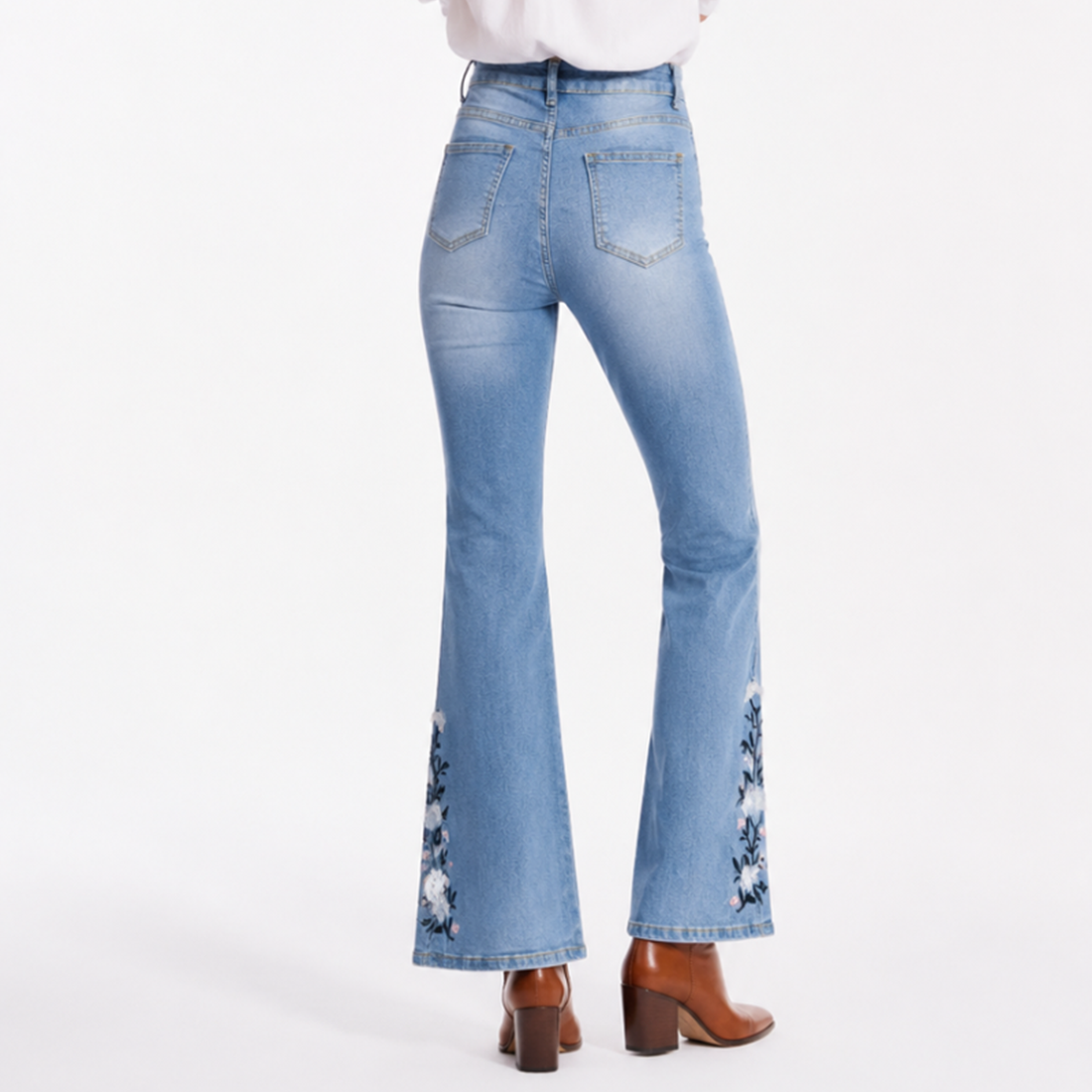 Women's High Waist Floral Embroidered Flare Jeans