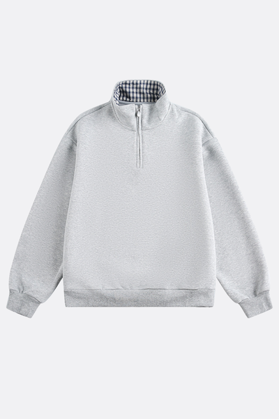 Unisex Spring Plaid Patchwork Half Zip Loose Hoodie
