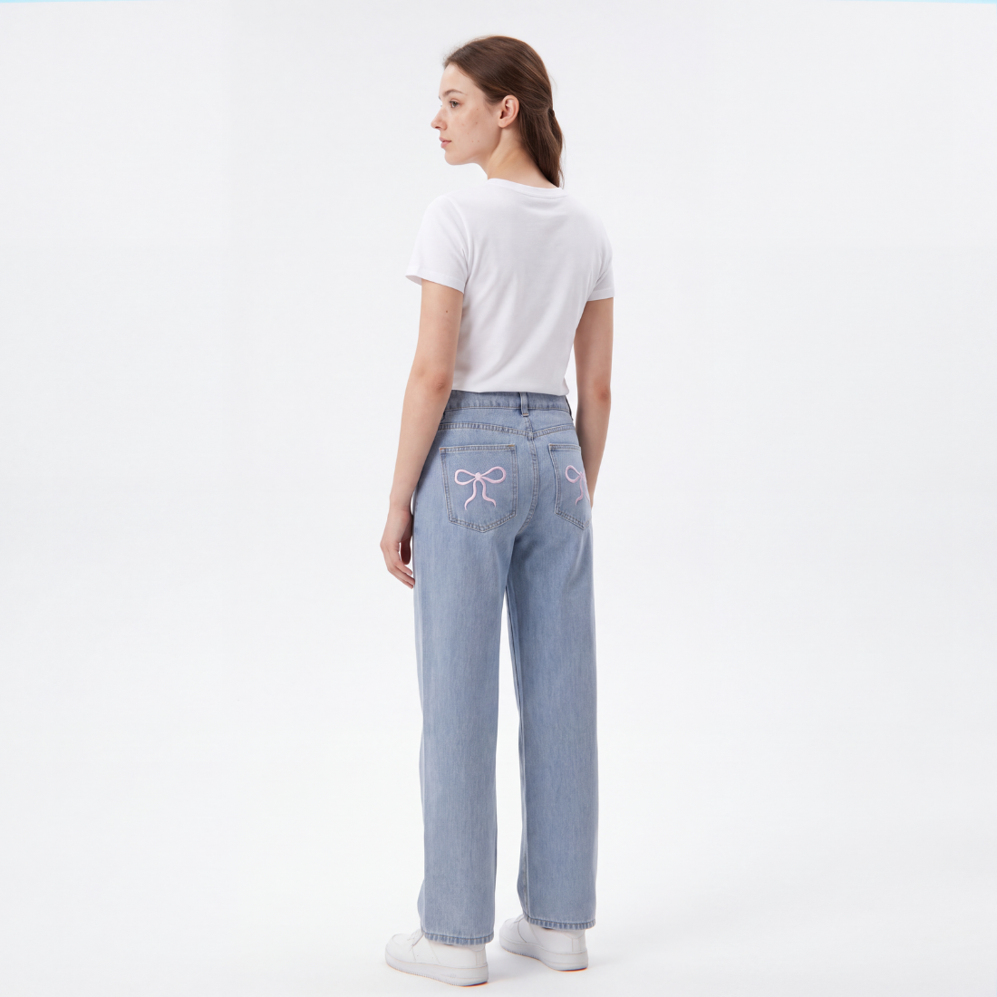 Women's Straight Leg Jeans with Pink Bow Embroidery