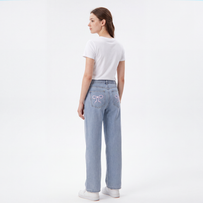 Women's Straight Leg Jeans with Pink Bow Embroidery