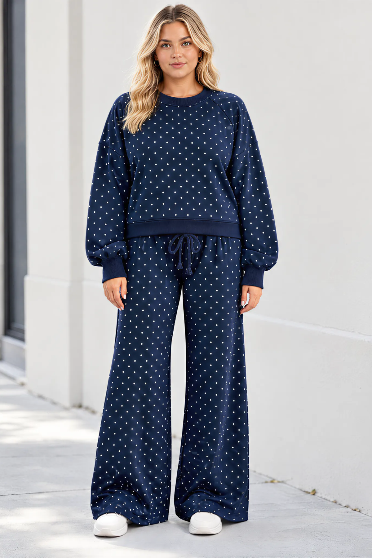 Women Spring Plus Size Polka Dot Wide Leg Lounge Set