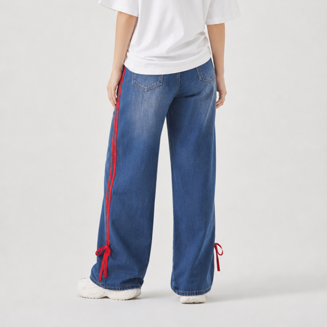 Women's High Waist Wide Leg Jeans with Red Side Stripe