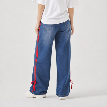 Women's High Waist Wide Leg Jeans with Red Side Stripe