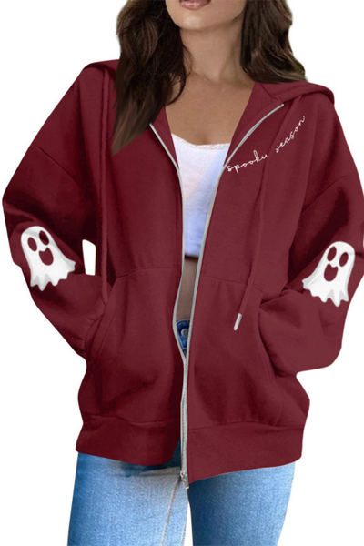 Women Fall Clothing Halloween Ghost Graphic Zip Up Hoodie