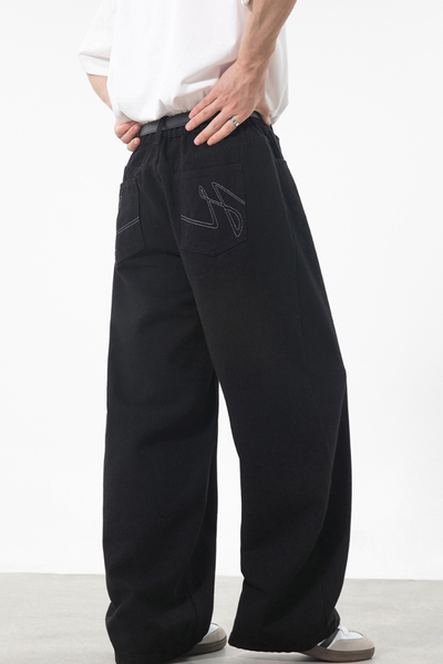 Men's Spring Retro Back Pocket Contrast Stitch Loose Jeans