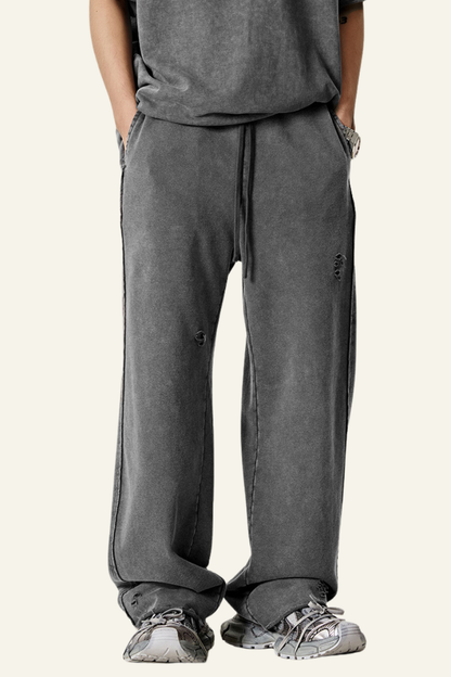 Men's Vintage Washed Frayed Hem Cotton Straight Leg Pants