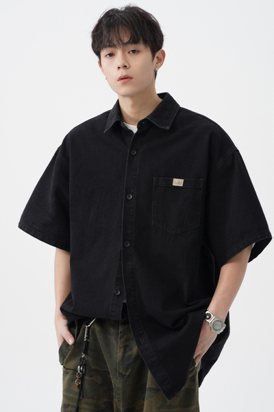 Men's Spring Summer Washed Denim Short Sleeve Japanese Loose