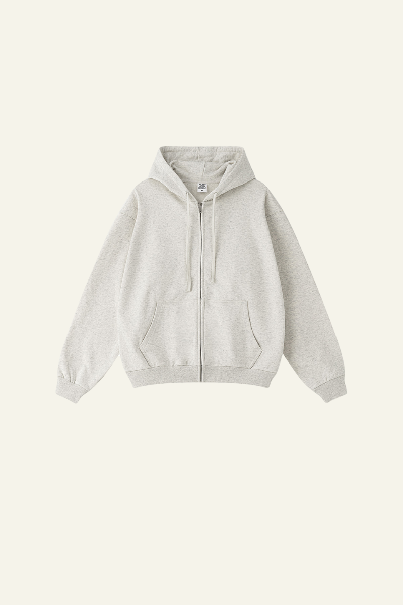 Pure color terry cloth hooded zip-up sweatshirt.