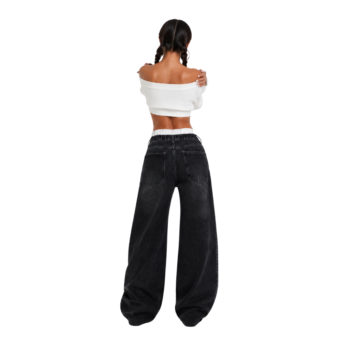 Women's double-waistband loose wide-leg jeans