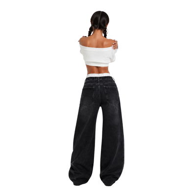 Women's double-waistband loose wide-leg jeans