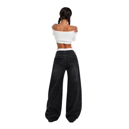 Women's double-waistband loose wide-leg jeans