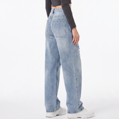Women's High Waist Ripped Straight Leg Jeans