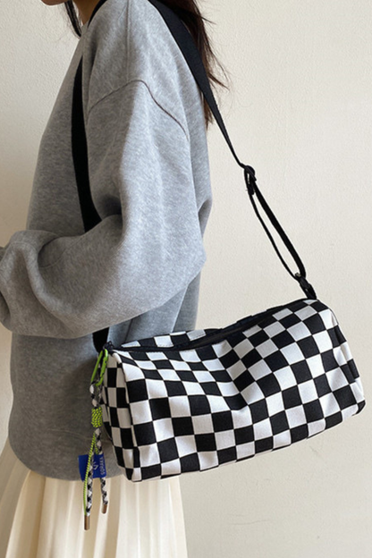 Women Fall Checkered Canvas Cylinder Crossbody Bag