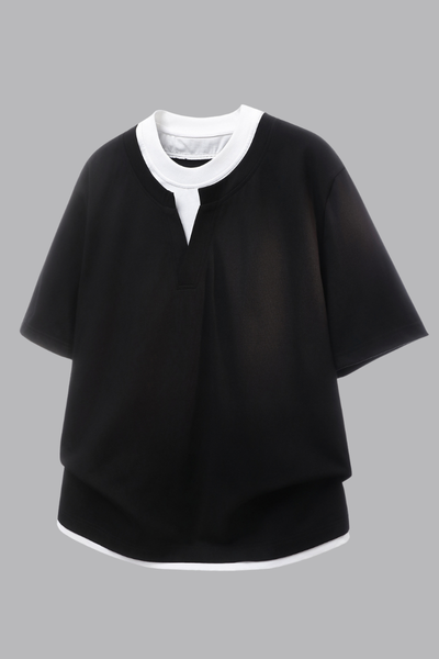 Men's Summer Mock Layer Henley Colorblock Tee