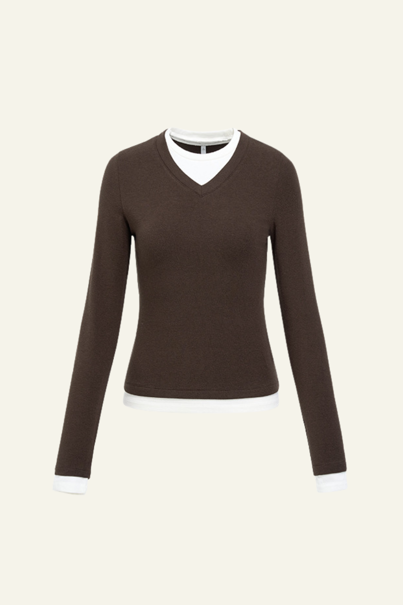Women V-Neck Layered Long-Sleeve Knit T-Shirt