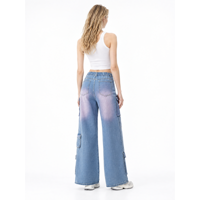Women's Multi-Pocket High Waist Cargo Wide Leg Jeans